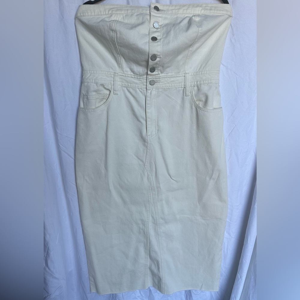 Strapless Cream Denim Midi Dress